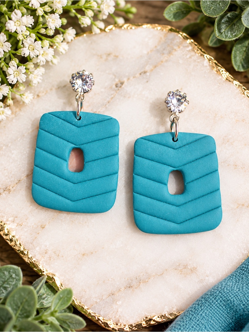 Turquoise Chevron Drop Handmade Polymer Clay Earrings with Crystal Studs